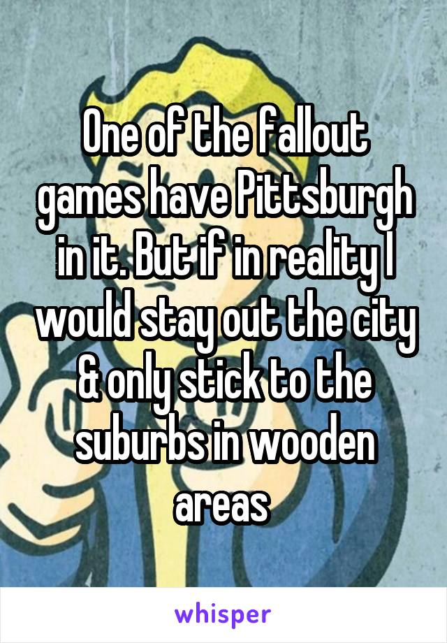 One of the fallout games have Pittsburgh in it. But if in reality I would stay out the city & only stick to the suburbs in wooden areas 