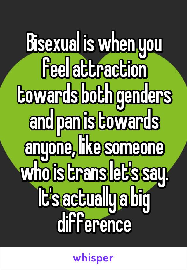 Bisexual is when you feel attraction towards both genders and pan is towards anyone, like someone who is trans let's say. It's actually a big difference