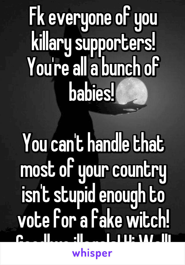 Fk everyone of you killary supporters! You're all a bunch of babies! 

You can't handle that most of your country isn't stupid enough to vote for a fake witch! Goodbye illegals! Hi Wall!