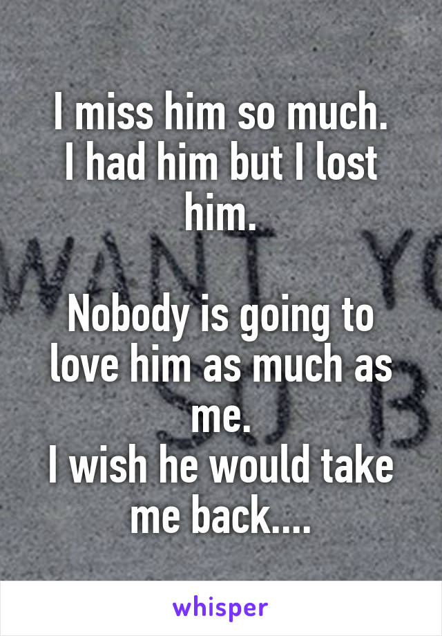 I miss him so much.
I had him but I lost him.

Nobody is going to love him as much as me.
I wish he would take me back....