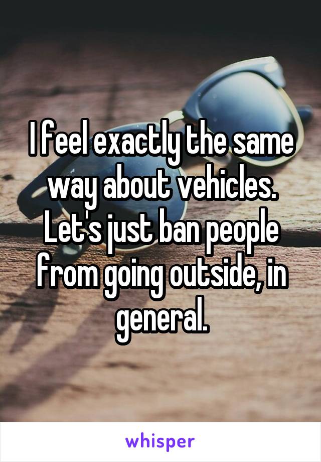 I feel exactly the same way about vehicles. Let's just ban people from going outside, in general.