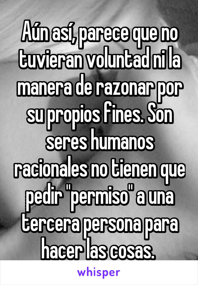 Aún así, parece que no tuvieran voluntad ni la manera de razonar por su propios fines. Son seres humanos racionales no tienen que pedir "permiso" a una tercera persona para hacer las cosas. 