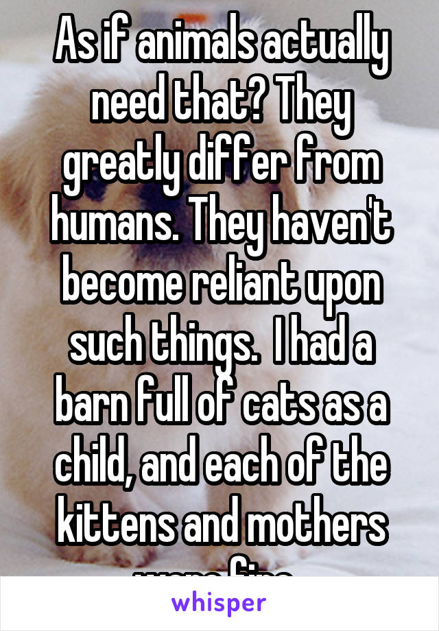 As if animals actually need that? They greatly differ from humans. They haven't become reliant upon such things.  I had a barn full of cats as a child, and each of the kittens and mothers were fine. 