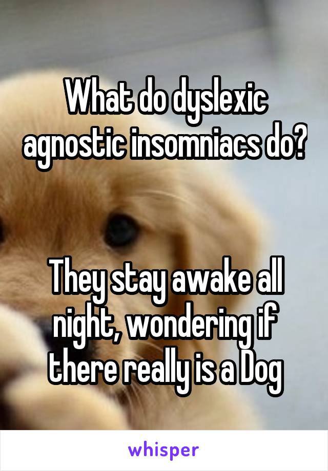 What do dyslexic agnostic insomniacs do? 

They stay awake all night, wondering if there really is a Dog