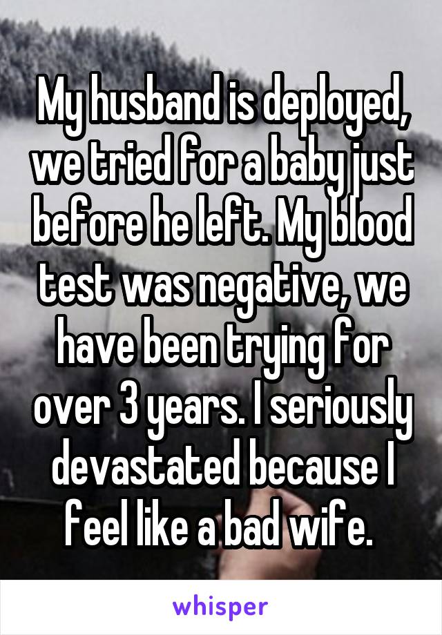 My husband is deployed, we tried for a baby just before he left. My blood test was negative, we have been trying for over 3 years. I seriously devastated because I feel like a bad wife. 