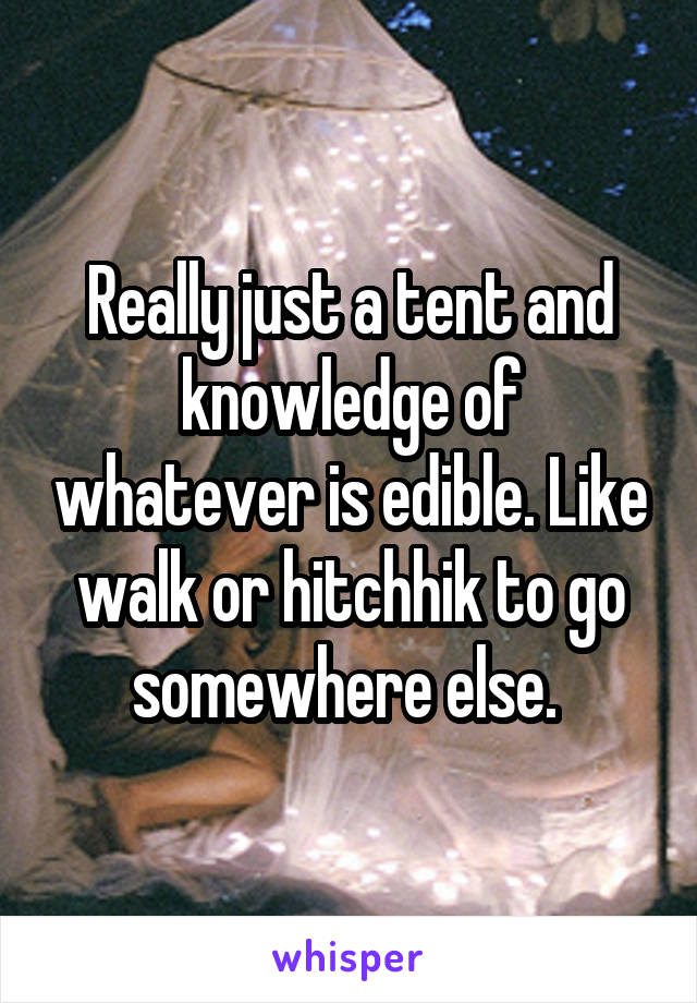 Really just a tent and knowledge of whatever is edible. Like walk or hitchhik to go somewhere else. 