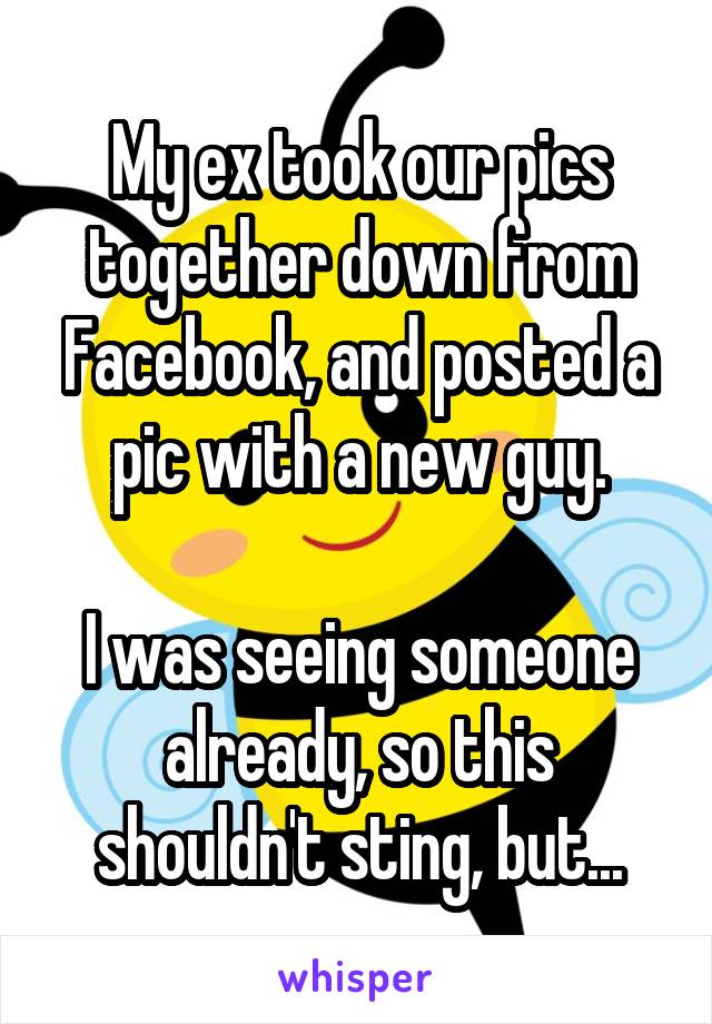 My ex took our pics together down from Facebook, and posted a pic with a new guy.

I was seeing someone already, so this shouldn't sting, but...