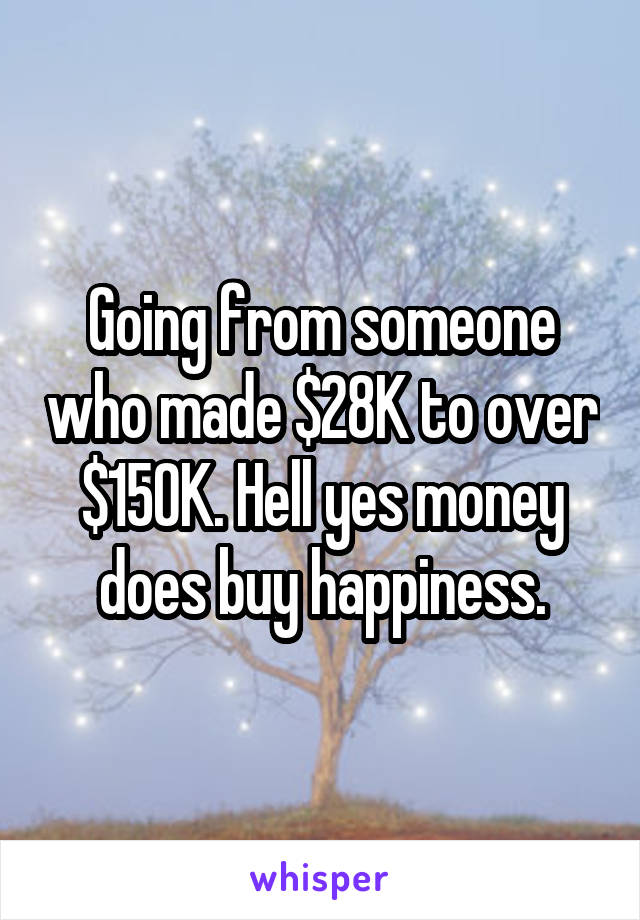 Going from someone who made $28K to over $150K. Hell yes money does buy happiness.
