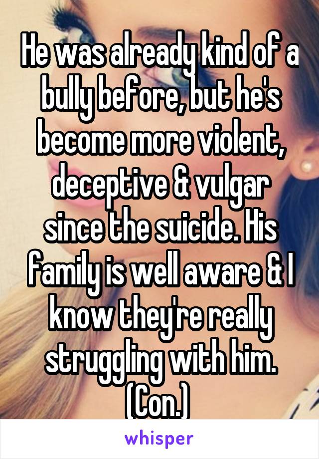 He was already kind of a bully before, but he's become more violent, deceptive & vulgar since the suicide. His family is well aware & I know they're really struggling with him. (Con.) 