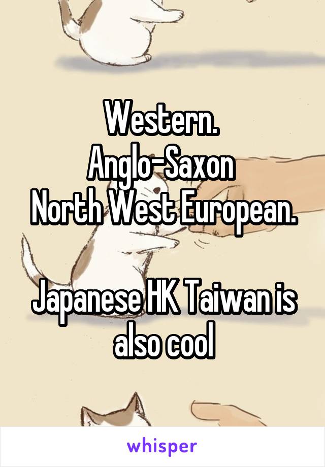 Western. 
Anglo-Saxon 
North West European. 
Japanese HK Taiwan is also cool