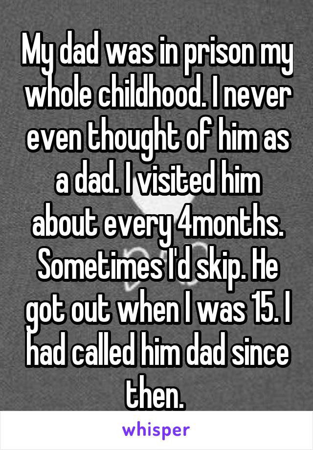 My dad was in prison my whole childhood. I never even thought of him as a dad. I visited him about every 4months. Sometimes I'd skip. He got out when I was 15. I had called him dad since then. 