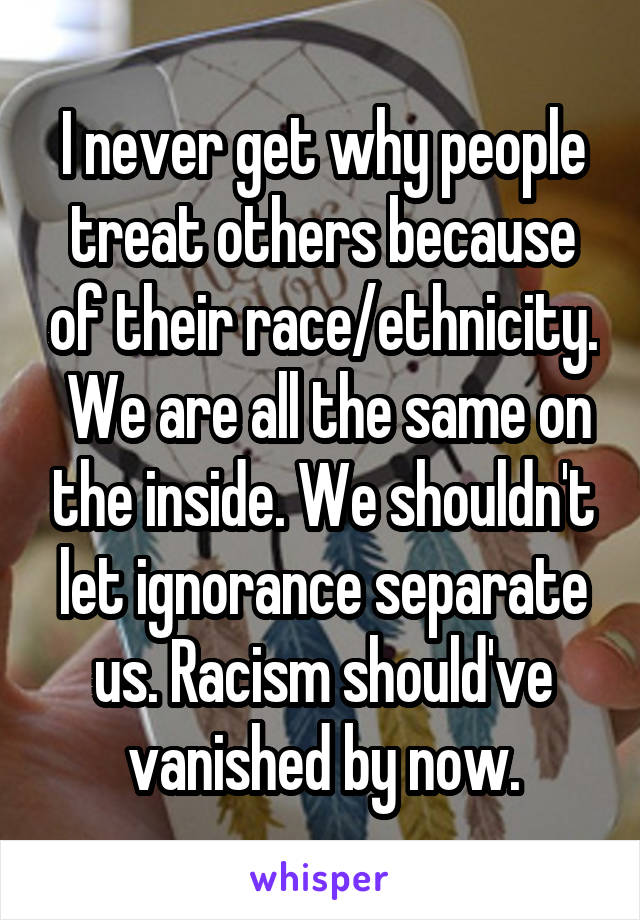 I never get why people treat others because of their race/ethnicity.  We are all the same on the inside. We shouldn't let ignorance separate us. Racism should've vanished by now.