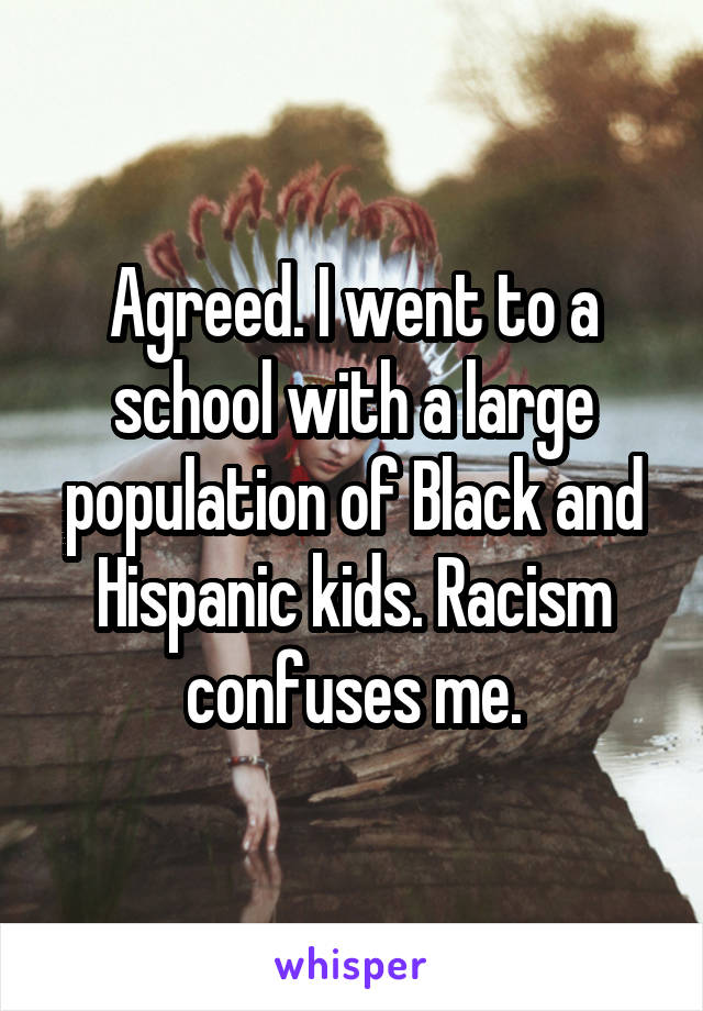 Agreed. I went to a school with a large population of Black and Hispanic kids. Racism confuses me.