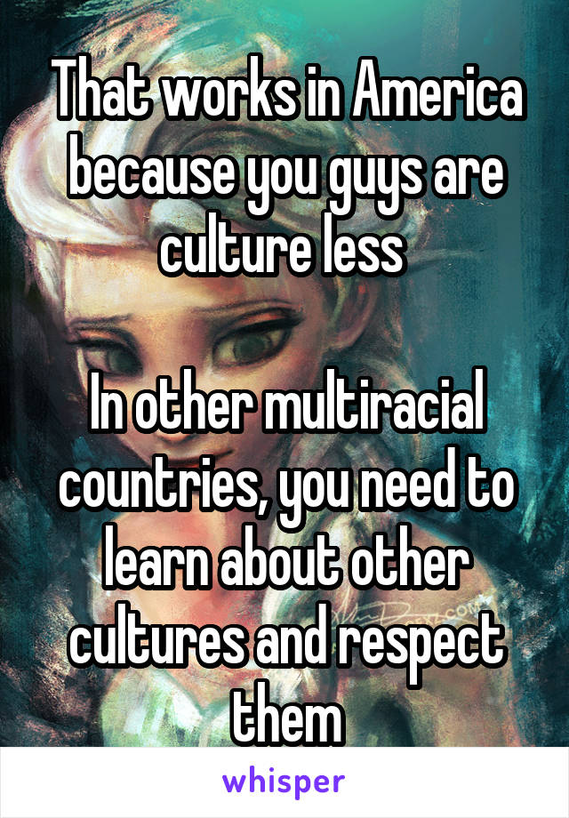 That works in America because you guys are culture less 

In other multiracial countries, you need to learn about other cultures and respect them