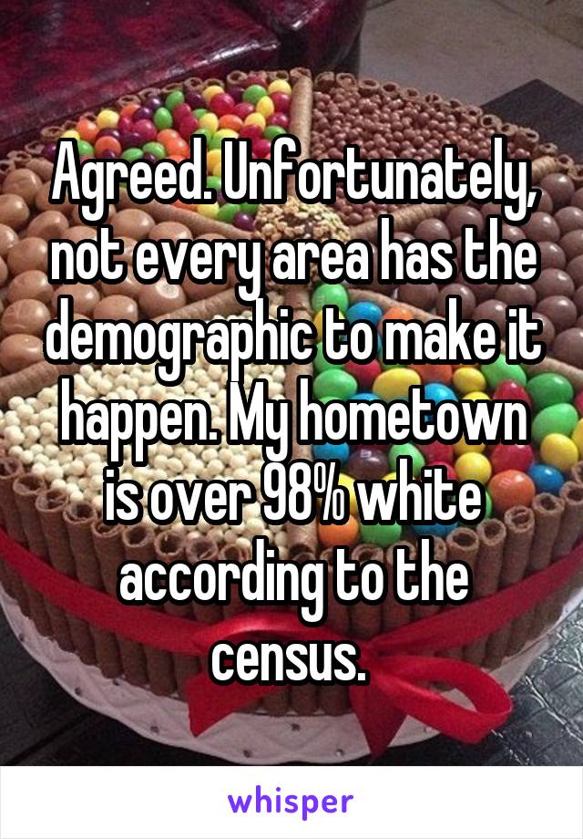 Agreed. Unfortunately, not every area has the demographic to make it happen. My hometown is over 98% white according to the census. 