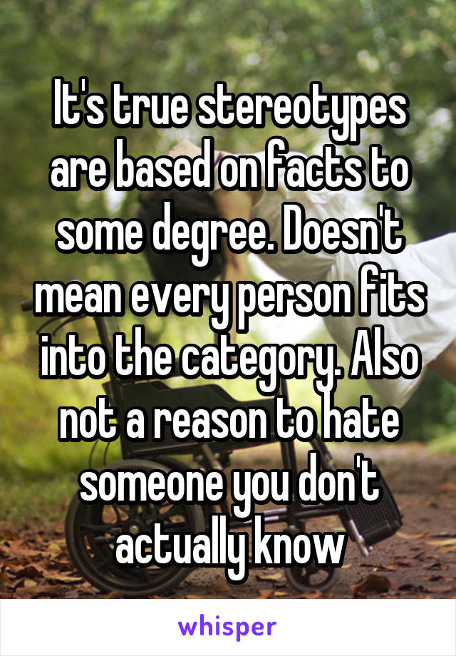 It's true stereotypes are based on facts to some degree. Doesn't mean every person fits into the category. Also not a reason to hate someone you don't actually know