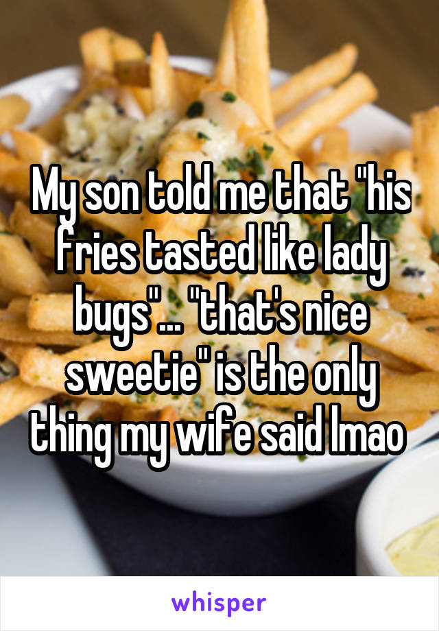 My son told me that "his fries tasted like lady bugs"... "that's nice sweetie" is the only thing my wife said lmao 