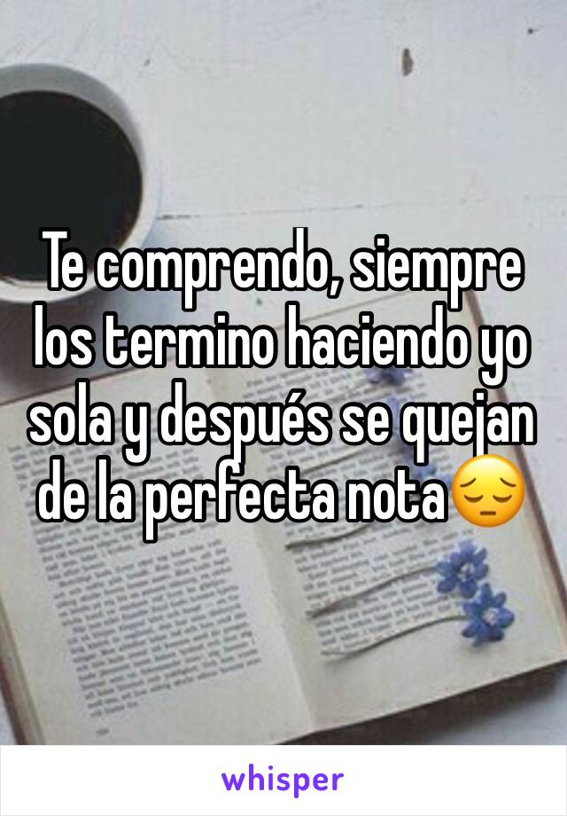 Te comprendo, siempre los termino haciendo yo sola y después se quejan de la perfecta nota😔