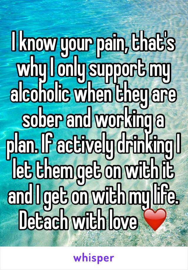 I know your pain, that's why I only support my alcoholic when they are sober and working a plan. If actively drinking I let them get on with it and I get on with my life. Detach with love ❤️ 