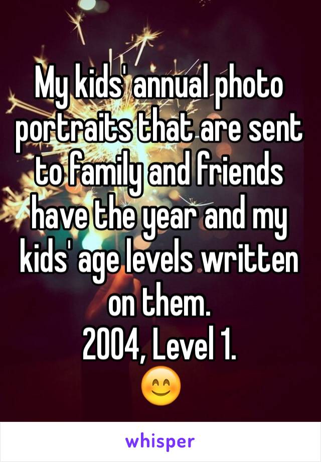 My kids' annual photo portraits that are sent to family and friends have the year and my kids' age levels written on them. 
2004, Level 1. 
😊