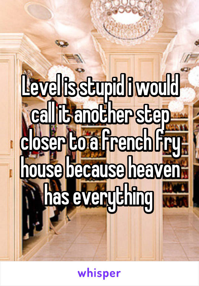 Level is stupid i would call it another step closer to a french fry house because heaven has everything 