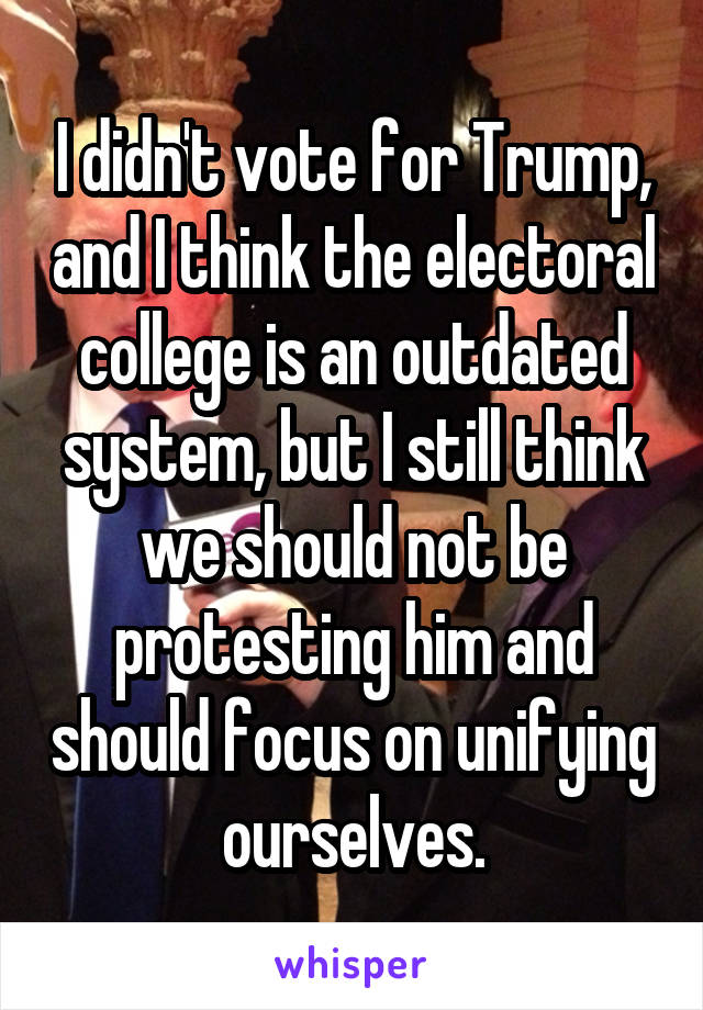 I didn't vote for Trump, and I think the electoral college is an outdated system, but I still think we should not be protesting him and should focus on unifying ourselves.