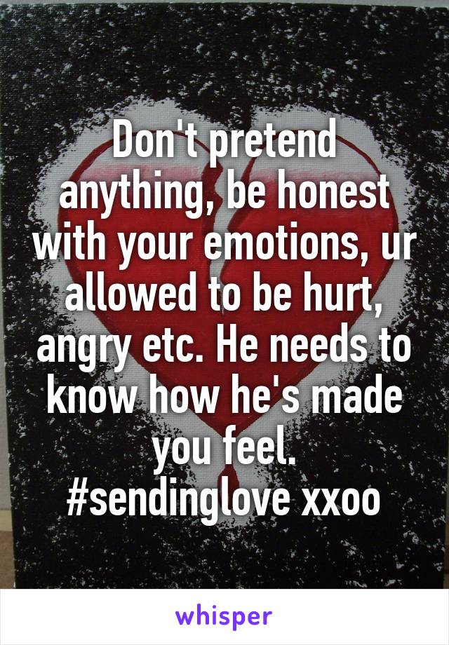 Don't pretend anything, be honest with your emotions, ur allowed to be hurt, angry etc. He needs to know how he's made you feel.
#sendinglove xxoo