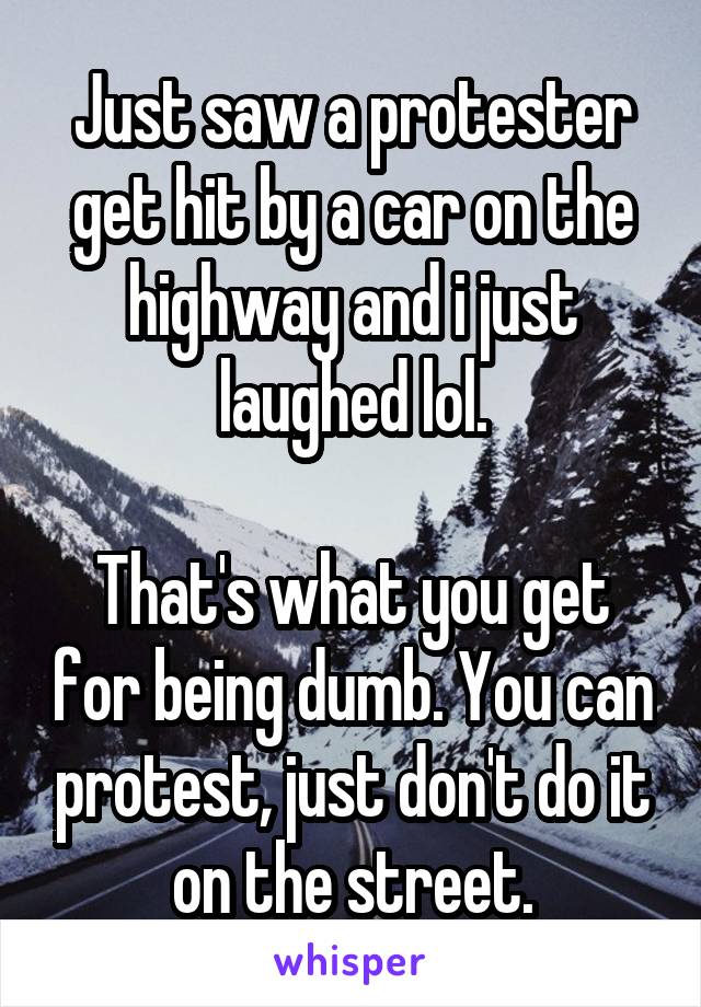 Just saw a protester get hit by a car on the highway and i just laughed lol.

That's what you get for being dumb. You can protest, just don't do it on the street.