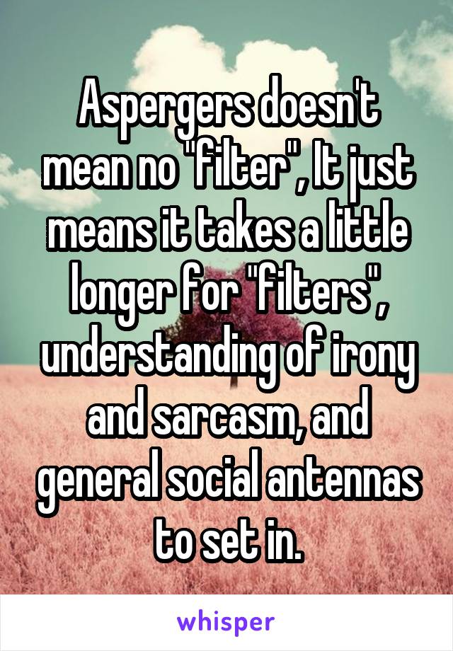 Aspergers doesn't mean no "filter", It just means it takes a little longer for "filters", understanding of irony and sarcasm, and general social antennas to set in.