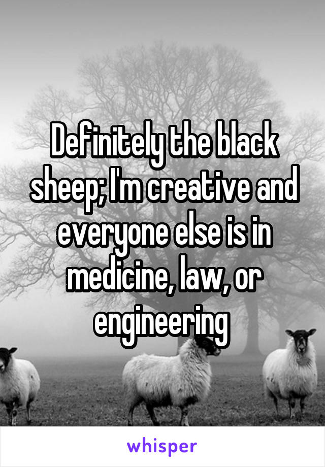 Definitely the black sheep; I'm creative and everyone else is in medicine, law, or engineering 