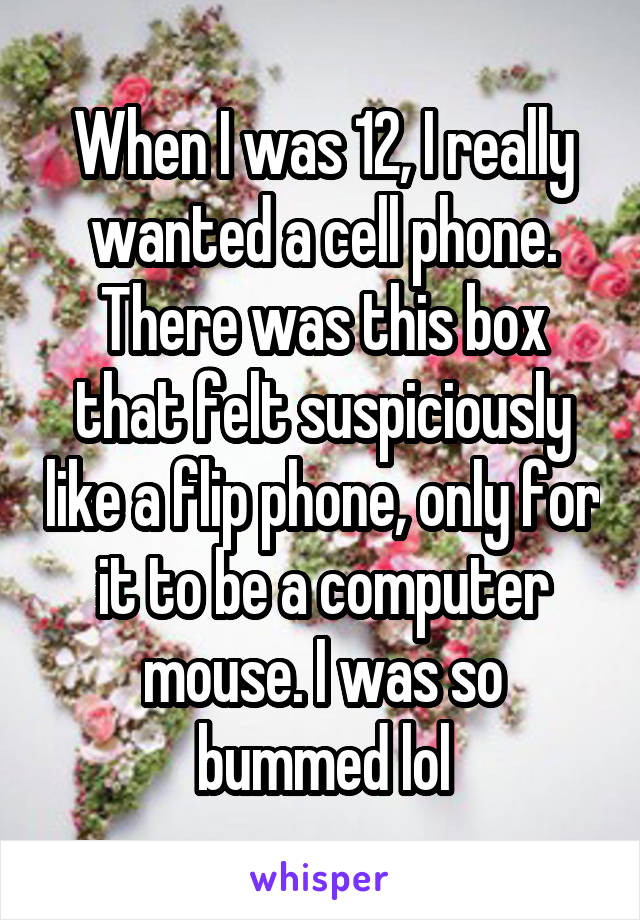 When I was 12, I really wanted a cell phone. There was this box that felt suspiciously like a flip phone, only for it to be a computer mouse. I was so bummed lol
