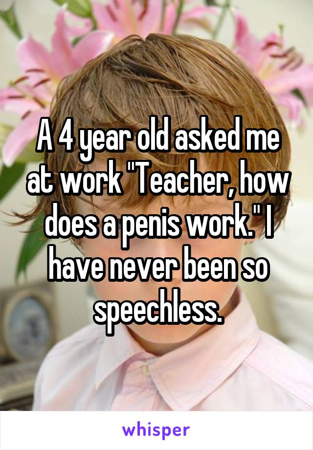 A 4 year old asked me at work "Teacher, how does a penis work." I have never been so speechless.