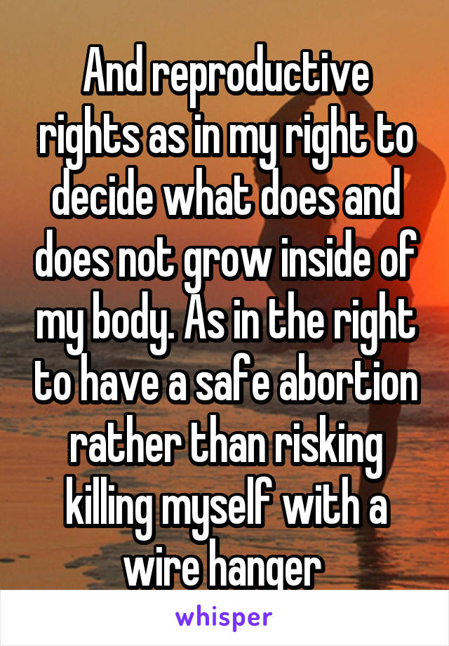 And reproductive rights as in my right to decide what does and does not grow inside of my body. As in the right to have a safe abortion rather than risking killing myself with a wire hanger 