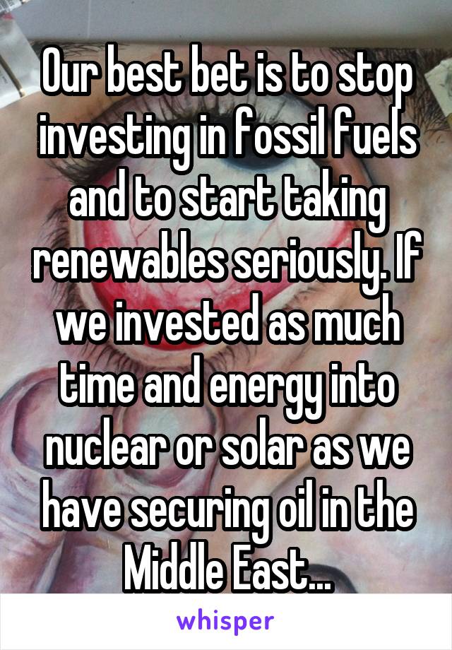 Our best bet is to stop investing in fossil fuels and to start taking renewables seriously. If we invested as much time and energy into nuclear or solar as we have securing oil in the Middle East...