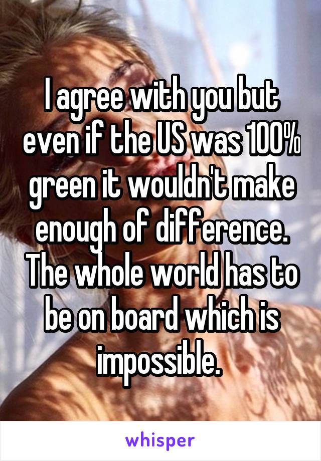 I agree with you but even if the US was 100% green it wouldn't make enough of difference. The whole world has to be on board which is impossible. 