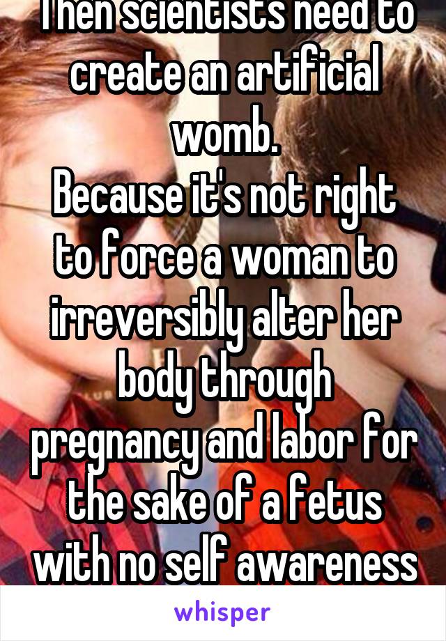 Then scientists need to create an artificial womb.
Because it's not right to force a woman to irreversibly alter her body through pregnancy and labor for the sake of a fetus with no self awareness 