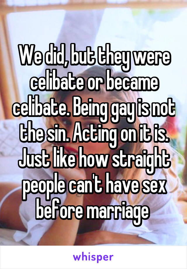 We did, but they were celibate or became celibate. Being gay is not the sin. Acting on it is. Just like how straight people can't have sex before marriage 