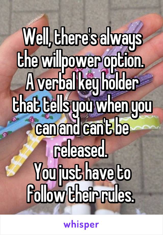 Well, there's always the willpower option. 
A verbal key holder that tells you when you can and can't be released. 
You just have to follow their rules. 