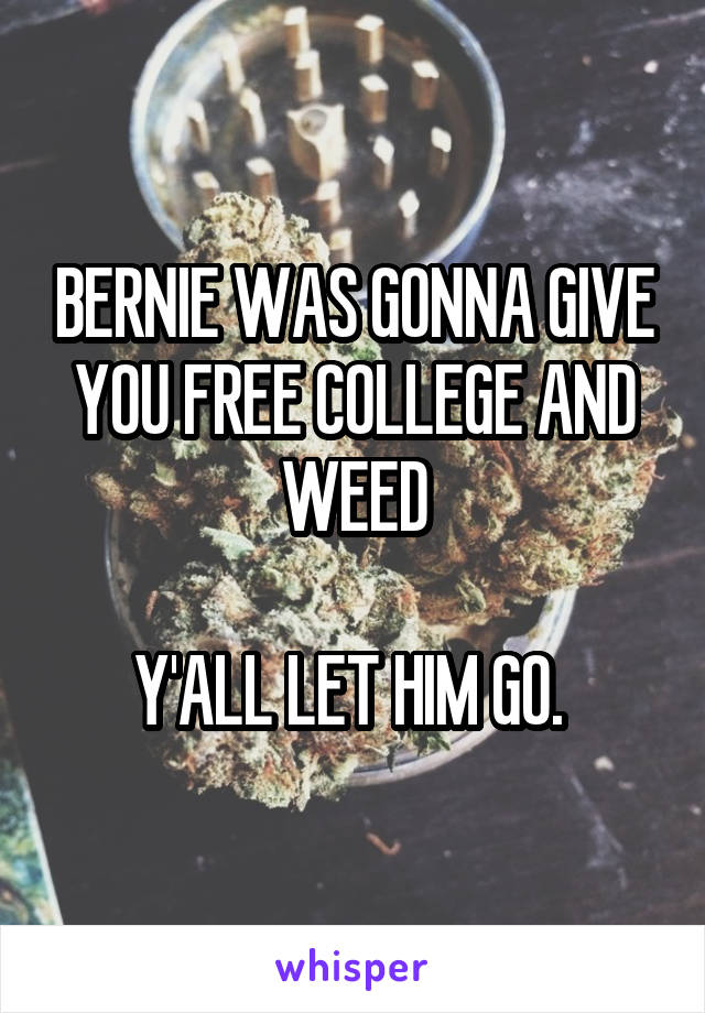 BERNIE WAS GONNA GIVE YOU FREE COLLEGE AND WEED

Y'ALL LET HIM GO. 