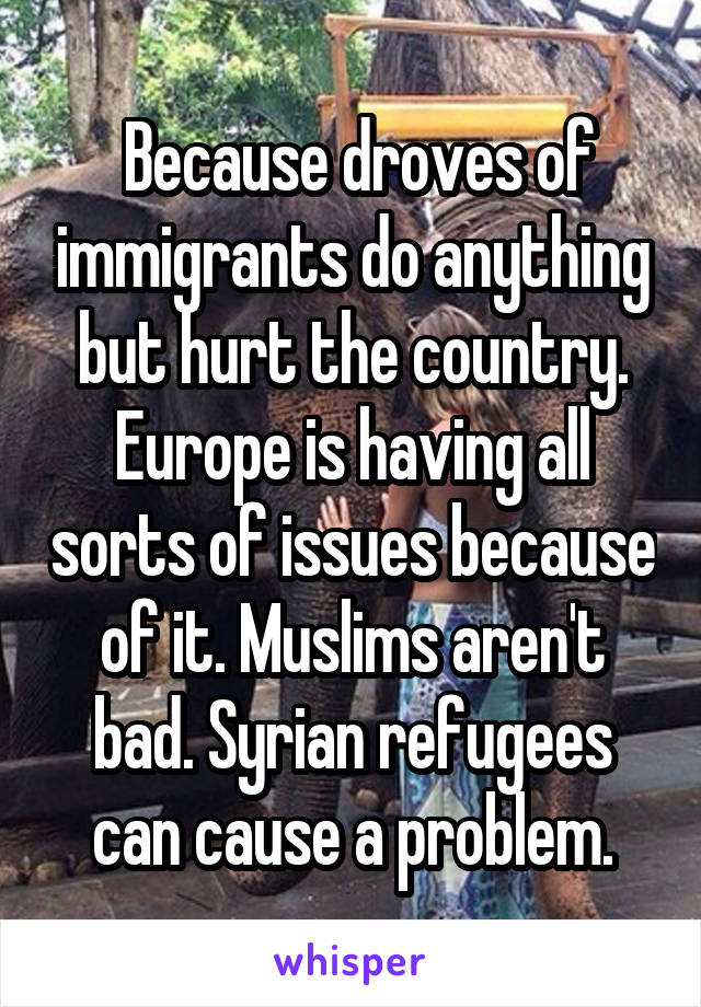  Because droves of immigrants do anything but hurt the country. Europe is having all sorts of issues because of it. Muslims aren't bad. Syrian refugees can cause a problem.