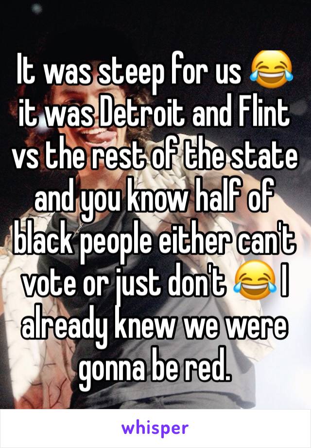 It was steep for us 😂 it was Detroit and Flint vs the rest of the state and you know half of black people either can't vote or just don't 😂 I already knew we were gonna be red. 