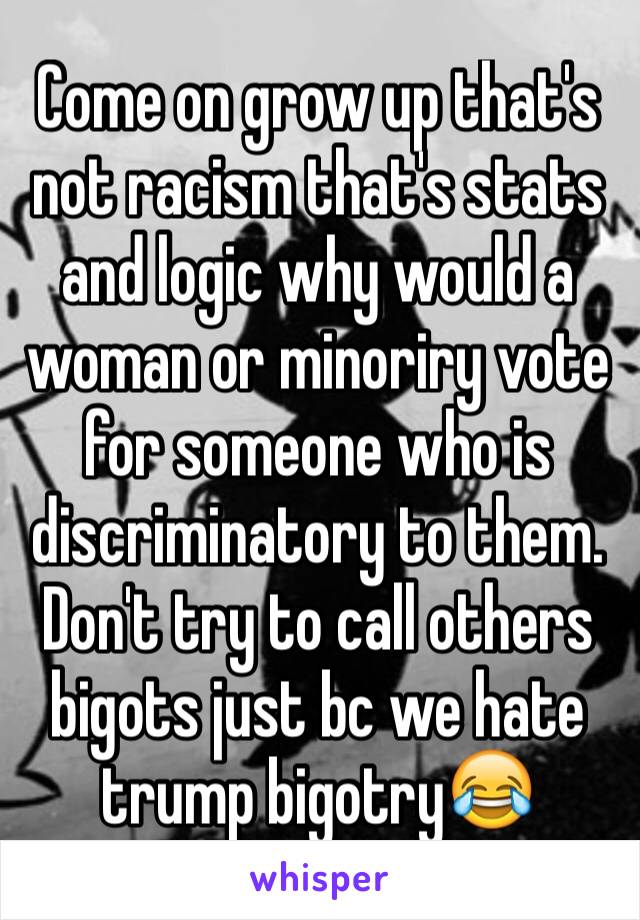 Come on grow up that's not racism that's stats and logic why would a woman or minoriry vote for someone who is  discriminatory to them. Don't try to call others bigots just bc we hate trump bigotry😂