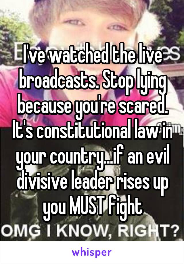 I've watched the live broadcasts. Stop lying because you're scared. It's constitutional law in your country...if an evil divisive leader rises up you MUST fight