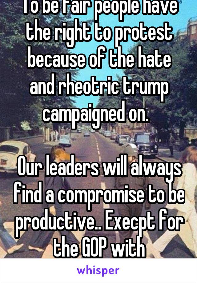 To be fair people have the right to protest because of the hate and rheotric trump campaigned on.  

Our leaders will always find a compromise to be productive.. Execpt for the GOP with Obamacare