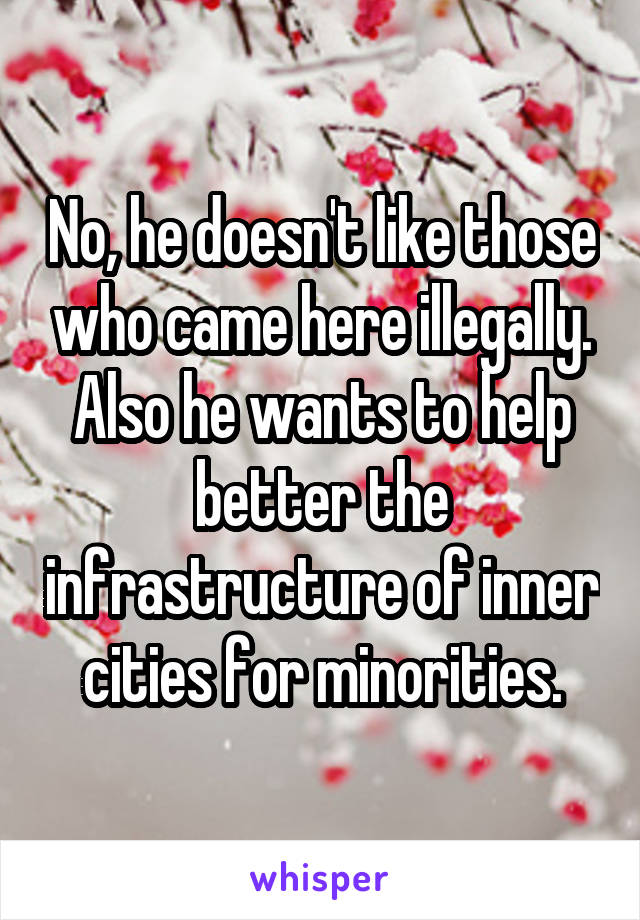 No, he doesn't like those who came here illegally. Also he wants to help better the infrastructure of inner cities for minorities.