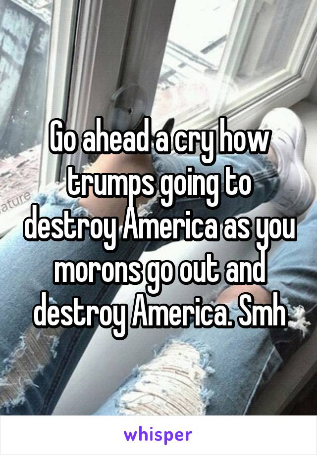 Go ahead a cry how trumps going to destroy America as you morons go out and destroy America. Smh