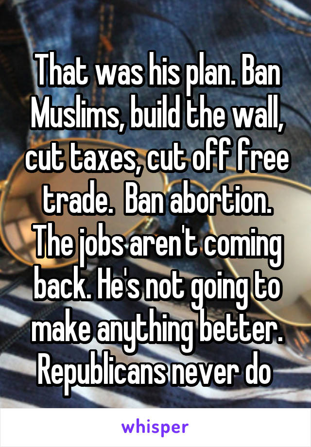 That was his plan. Ban Muslims, build the wall, cut taxes, cut off free trade.  Ban abortion. The jobs aren't coming back. He's not going to make anything better. Republicans never do 