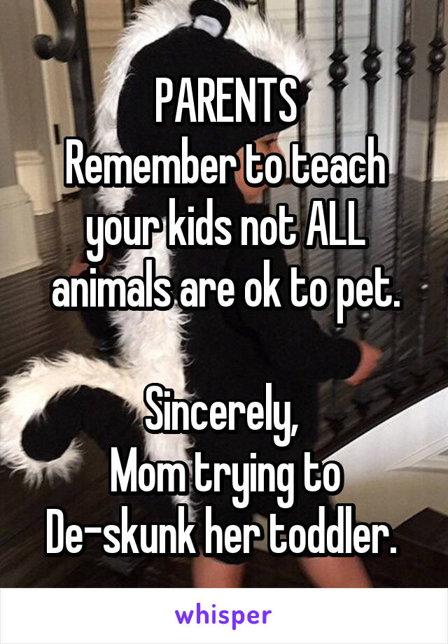 PARENTS
Remember to teach your kids not ALL animals are ok to pet.

Sincerely, 
Mom trying to De-skunk her toddler. 