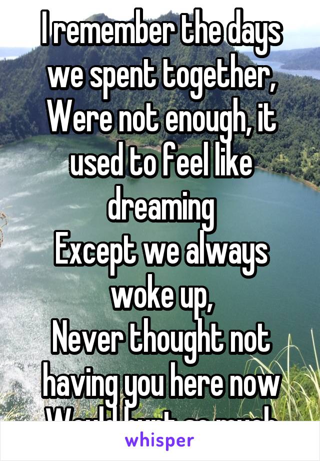 I remember the days we spent together,
Were not enough, it used to feel like dreaming
Except we always woke up,
Never thought not having you here now
Would hurt so much