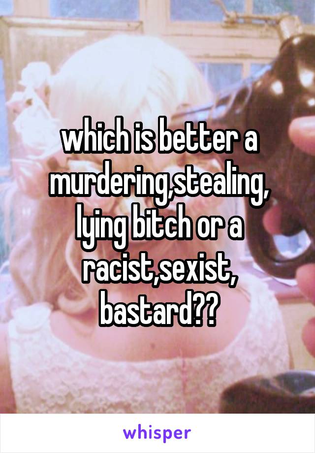 which is better a murdering,stealing, lying bitch or a racist,sexist, bastard??